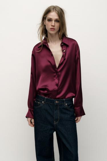 Camisa De Seda Mujer Camisa ZARA Satin Effect Pocket Mujer