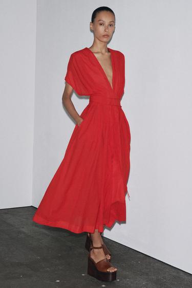 Zara ZW COLLECTION PLEATED MIDI DRESS - Red