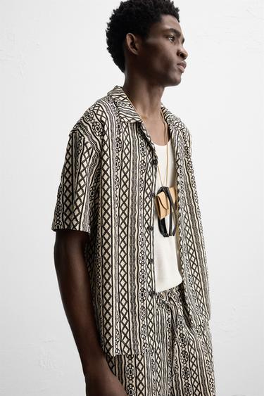 RELAXED FIT PERFORATED JACQUARD SHIRT - Ecru / Black by Zara - Image 5
