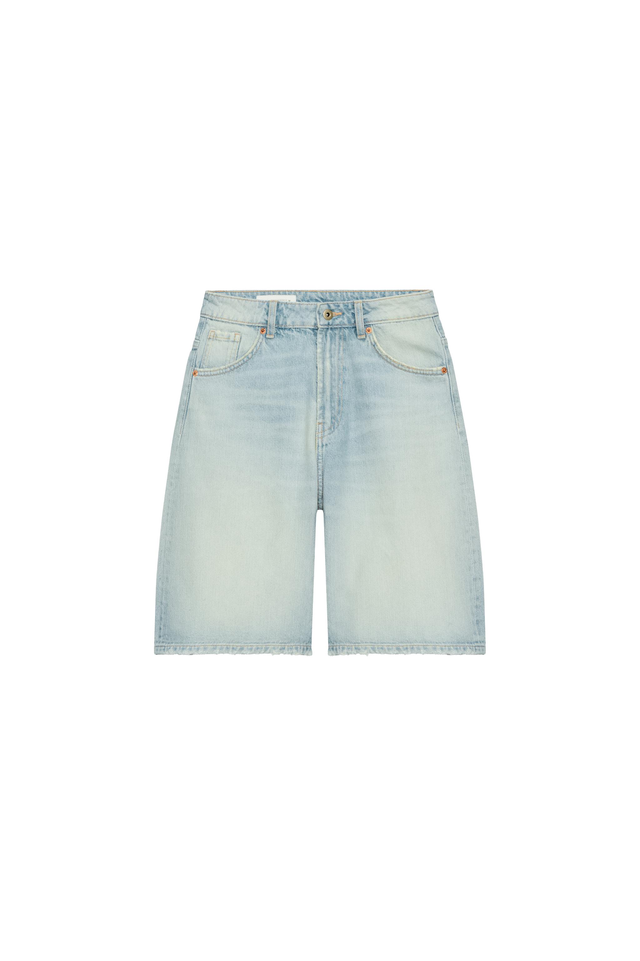 ZARA リボン刺繍付き ミッドライズ バギーフィット デニムバミューダショーツ ミッドライズ バギーフィット デニムバミューダパンツ - ライトブルー