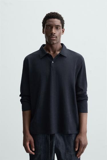 Zara LINEN COTTON POLO SHIRT - Navy blue