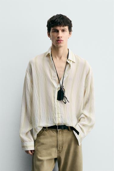 Zara STRIPED FLOWY SHIRT - Ecru