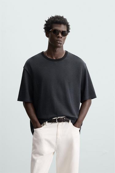 CAMISETA JACQUARD RAYAS - Azul de Zara