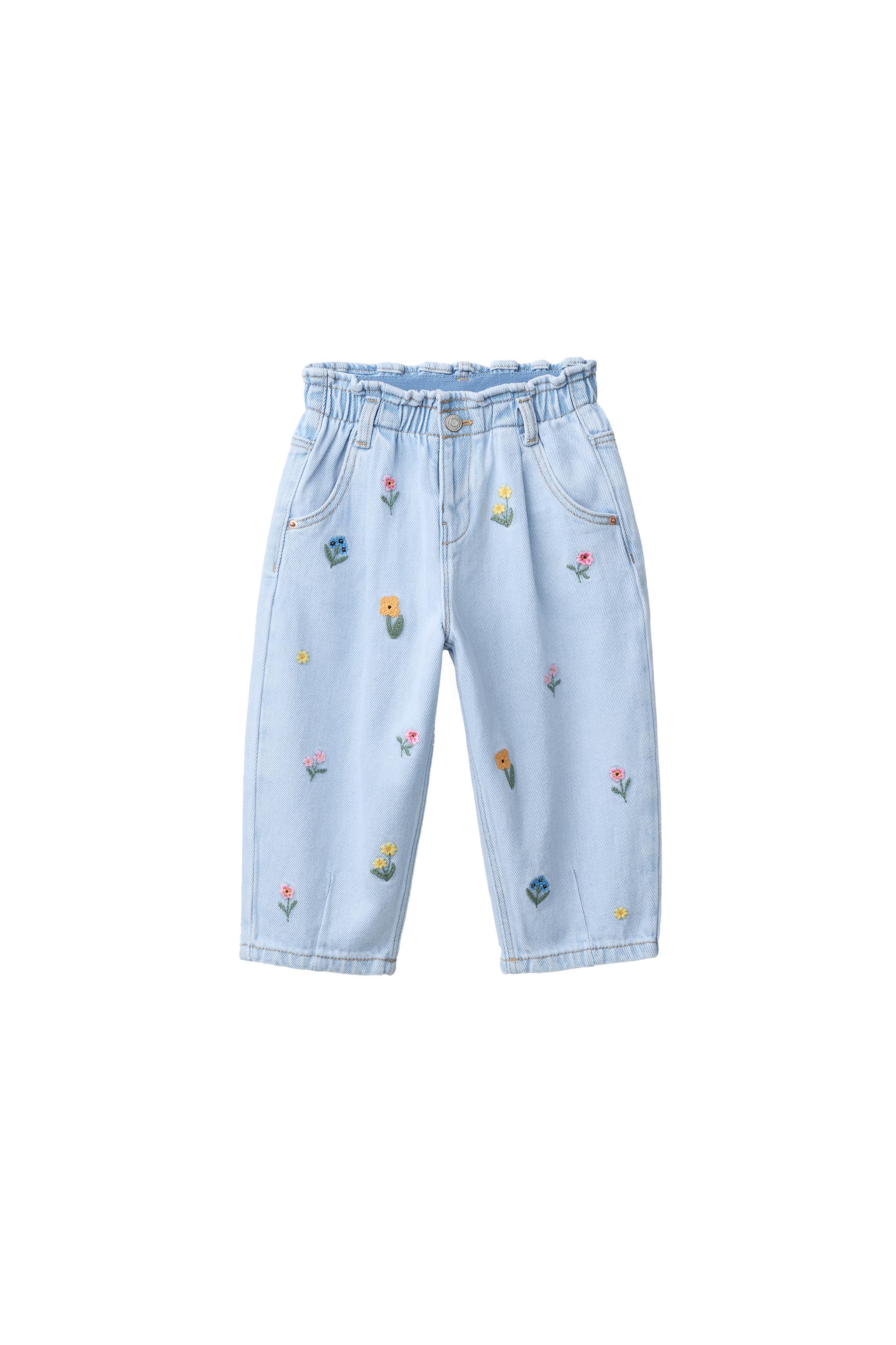 BAGGY PAPERBAG JEANS WITH EMBROIDERED FLOWERS - Blue | ZARA United