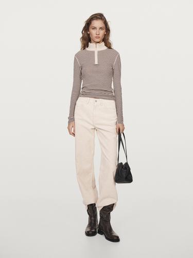 Zara Striped fine knit quarter-zip sweater - Light beige - Image 0