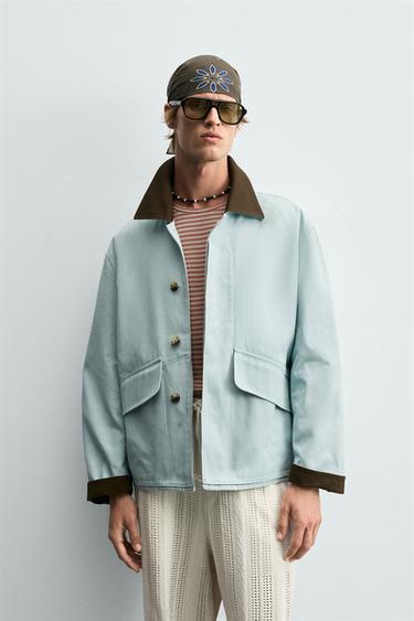 Zara CONTRAST COLLAR JACKET - Light blue