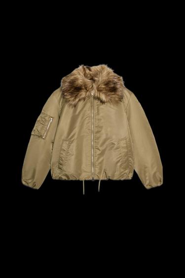 FAUX FUR COLLAR BOMBER JACKET ZW COLLECTION - Olive green by Zara - Image 0