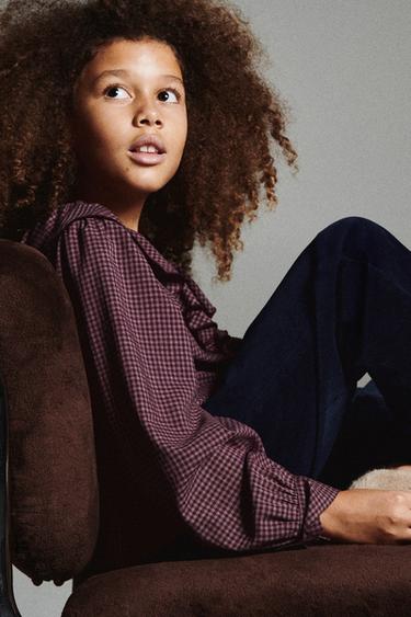 Zara RUFFLED GINGHAM SHIRT - GARNET