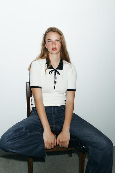 Zara CONTRAST COLLAR BOW T-SHIRT - White