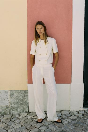LINEN BLEND STRAIGHT-LEG TROUSERS WITH CONTRAST STITCHING - Ecru by Zara - Image 0