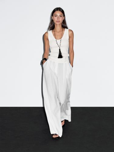 Zara Cotton blend top with frayed piping - Ecru - Image 0