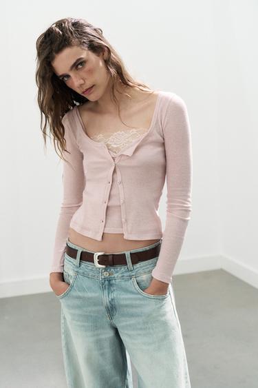 VESTE BIMATIÈRE TOP DENTELLE - Rose chiné de Zara