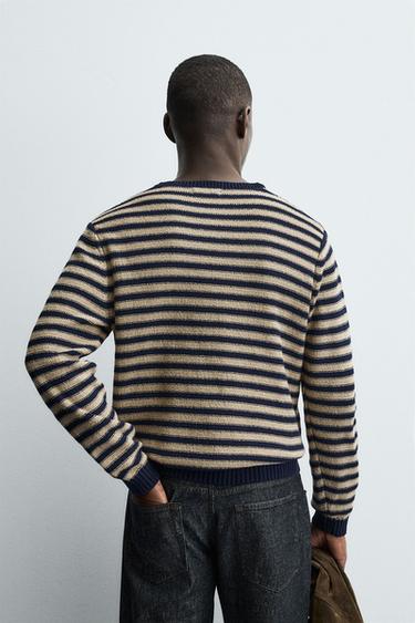 PULL JACQUARD À RAYURES - Écru / Bleu marine de Zara - Image 2