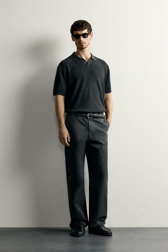 Мужское поло Zara Regular Fit Textured Knit Polo, цвет: Выцветший чёрный