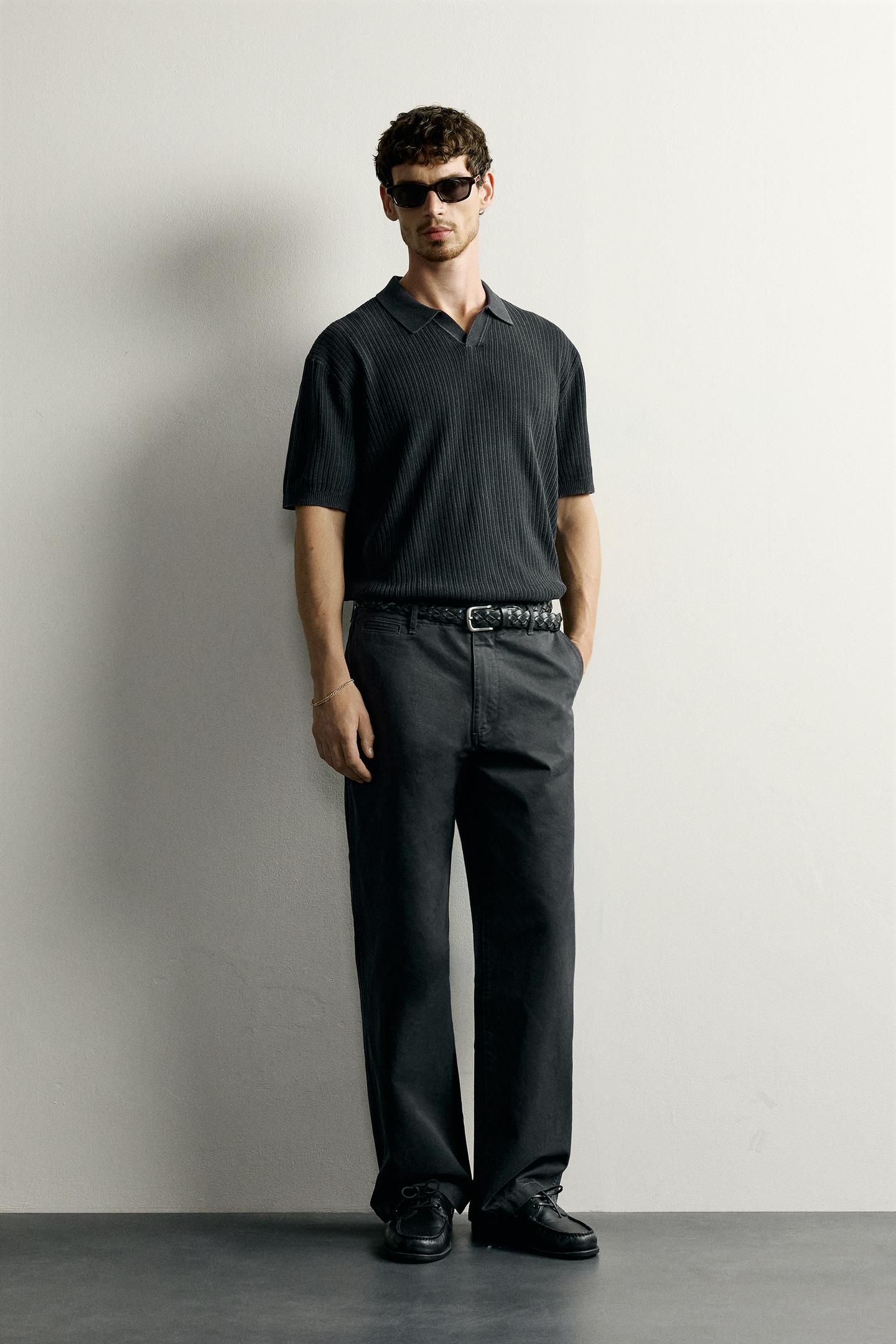 Мужское поло Zara Regular Fit Textured Knit Polo, цвет: Выцветший чёрный — фото 1