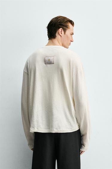 T-SHIRT COL TUNISIEN COTON - LIN - Blanc cassé de Zara - Image 2