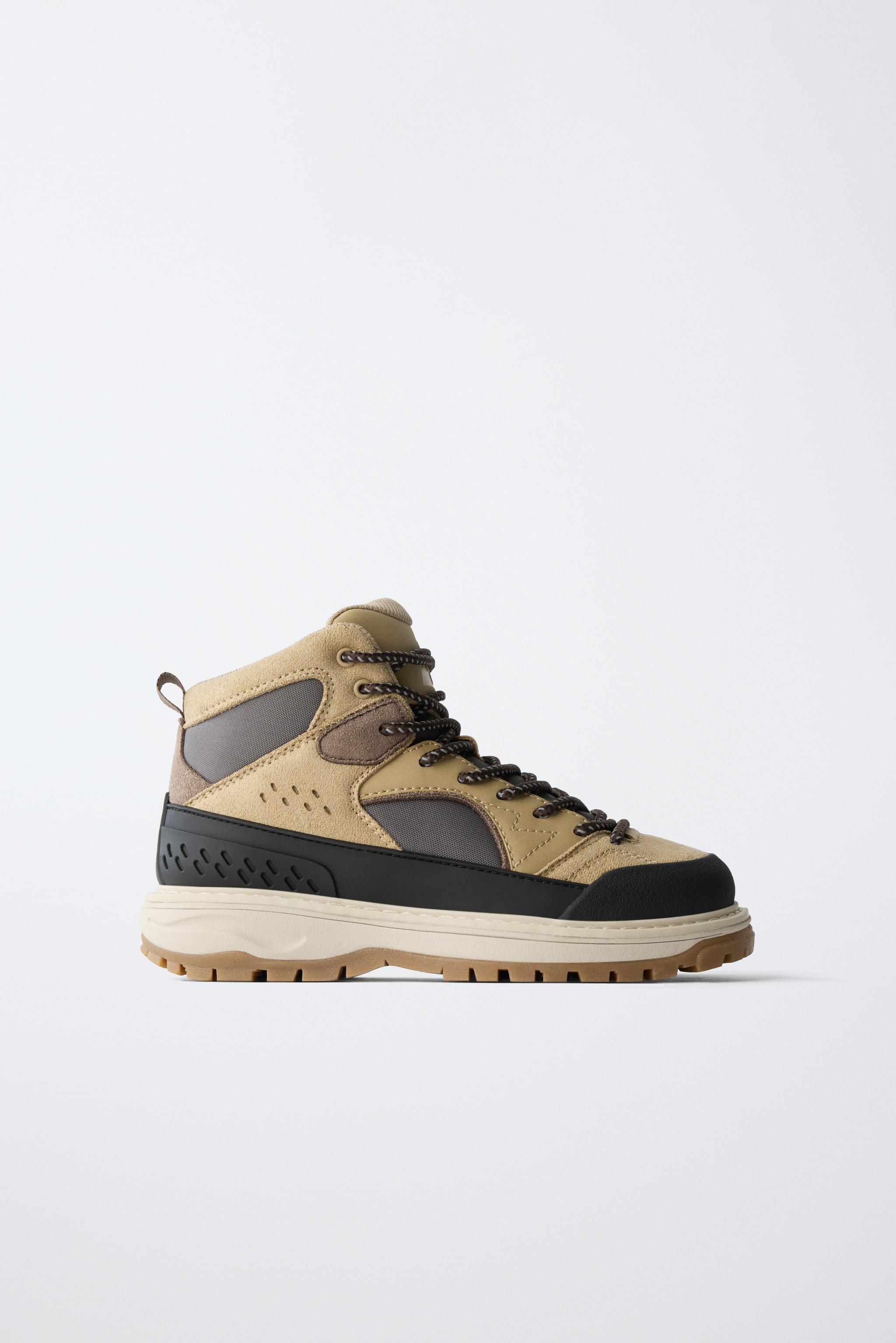 MIXED-PANEL SPORT ANKLE BOOTS — Sandy Brown