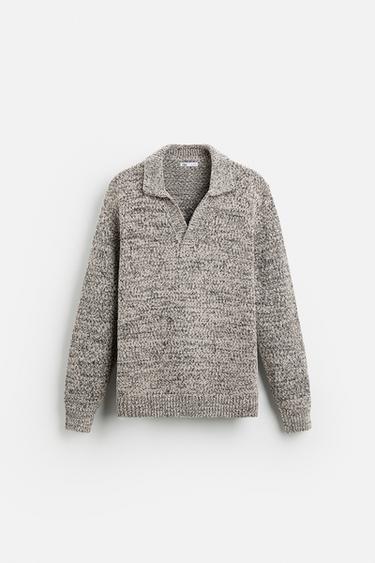 Zara TEXTURED STRUCTURED KNIT POLO - Ecru / Black