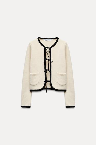 Zara KNIT CARDIGAN WITH TIES - Ecru / Black