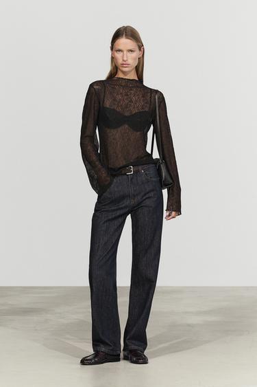 Semi-sheer lace detail T-shirt — Black 1