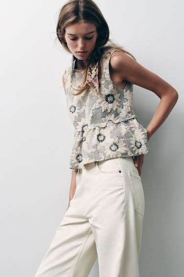 FLORAL TEXTURED PEPLUM TOP - Ecru / Black by Zara - Image 2