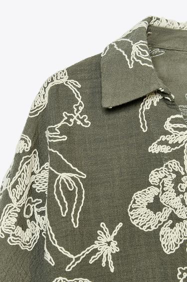 EMBROIDERED SHIRT WITH GUIPURE SLEEVES - ecru/khaki by Zara - Image 8