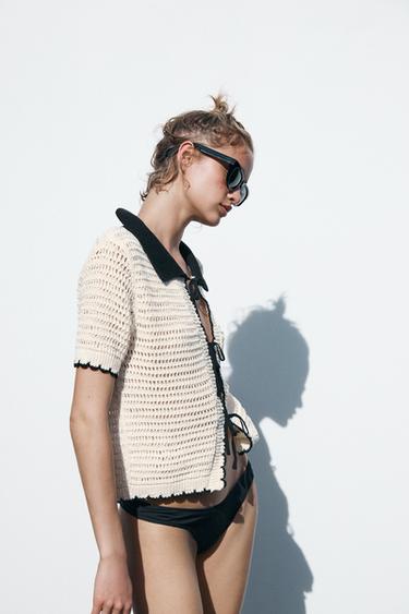 CROCHET POLO COLLAR TOP - Ecru / Black by Zara - Image 3