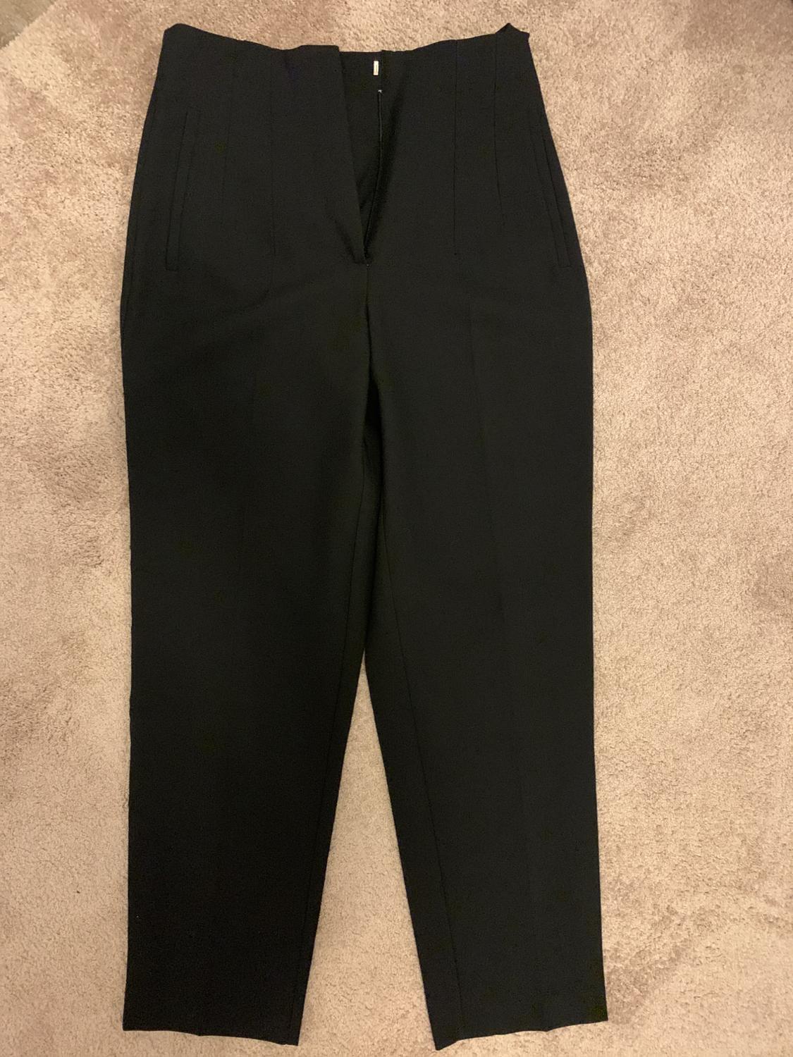 Black dress trousers on a beige carpet, with pleats at the top and side pockets.