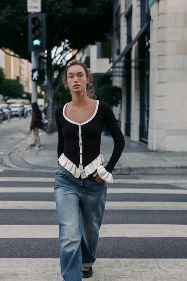 Zara CONTRAST RUFFLE JACKET - Black / White - Image 0