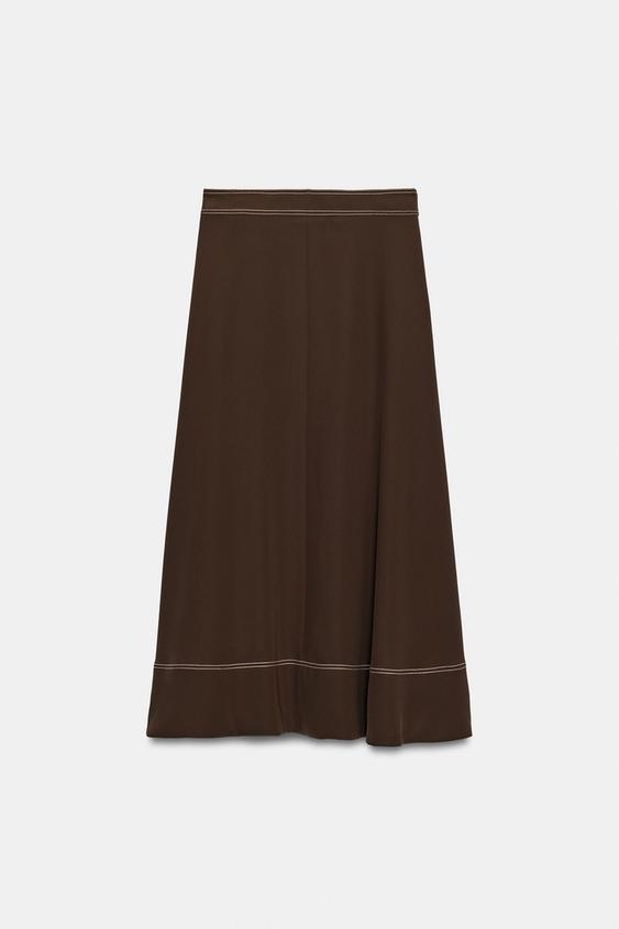 JUPE MI-LONGUE CAPE SURPIQÛRE CONTRASTE - Marron de Zara - Image 6