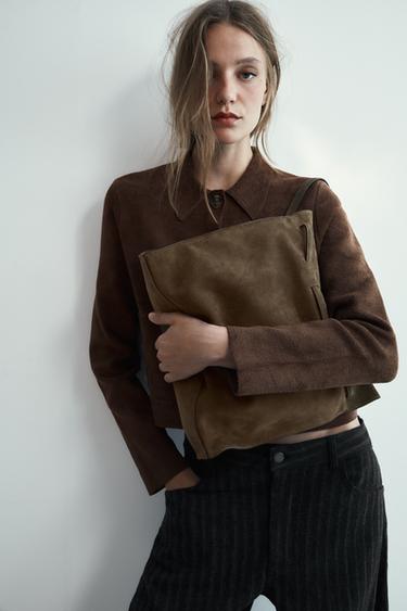 BOLSA MAXI DE COURO CAMURÇA - Verde-caqui da Zara