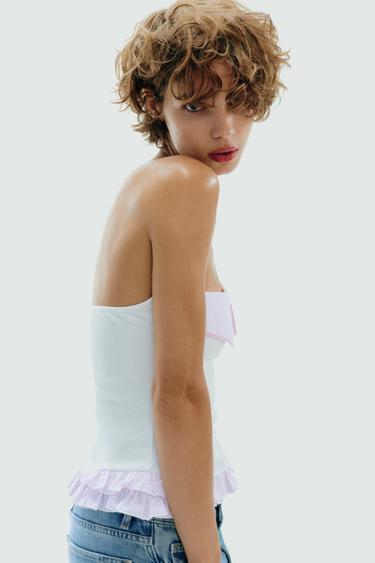 Zara CONTRAST STRAPLESS TOP - White