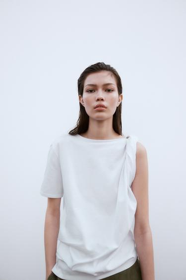 GATHERED SHOULDER T-SHIRT - White by Zara - Image 1