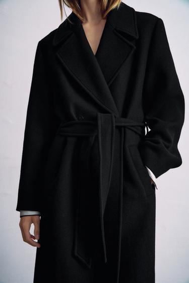 WOOL-BLEND BELTED LONG COAT — Black 2