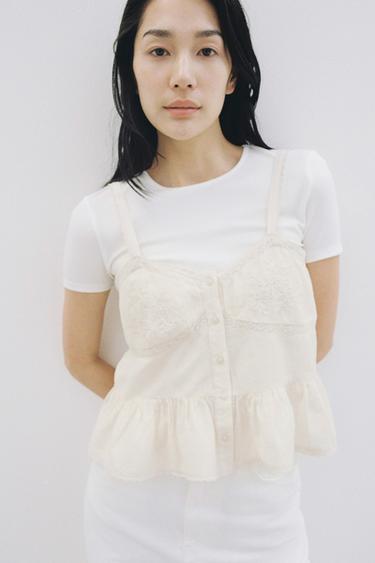 LACE EMBROIDERED TOP - Light beige by Zara
