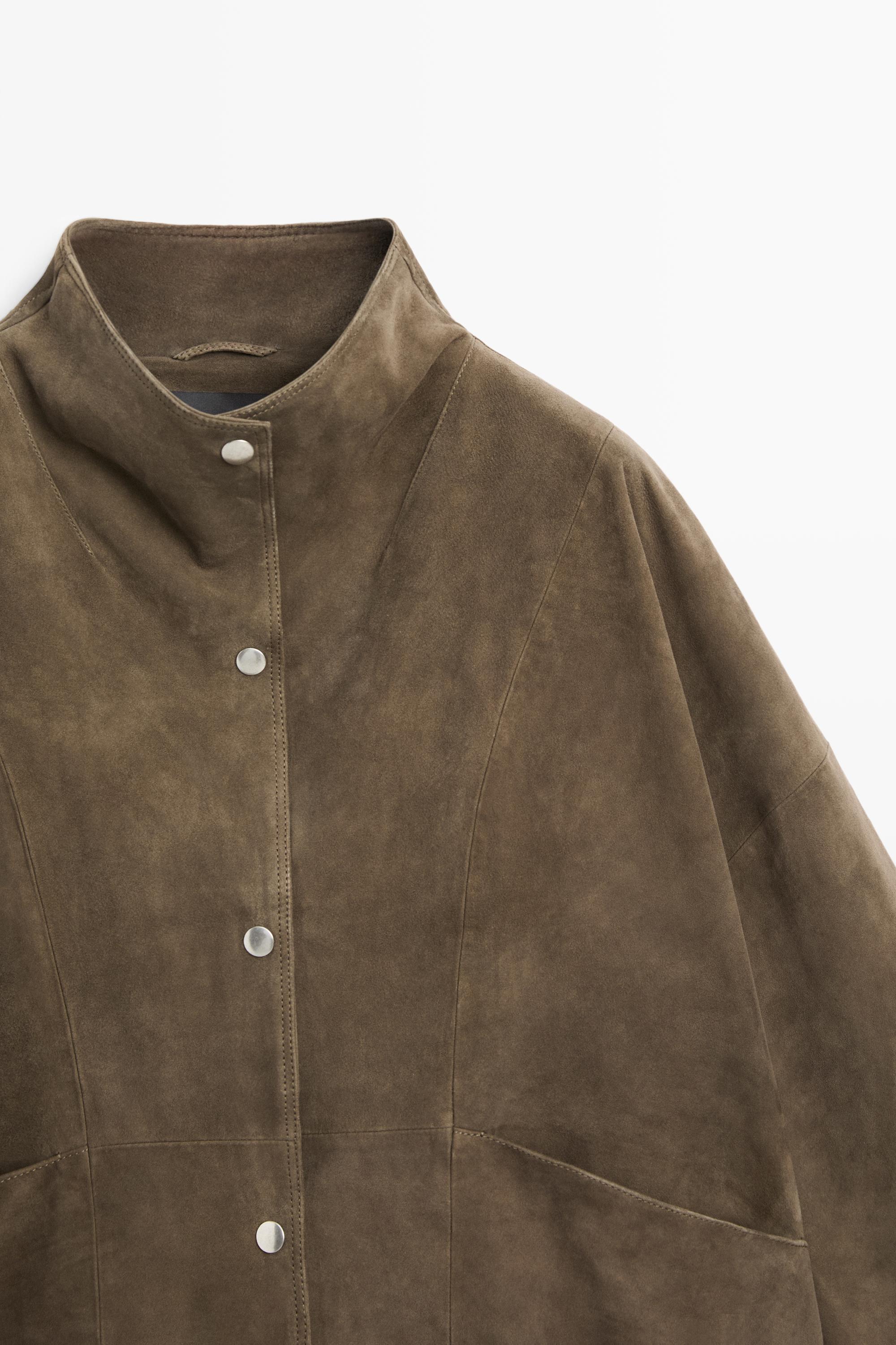 Suede leather high neck jacket - Khaki | ZARA United States