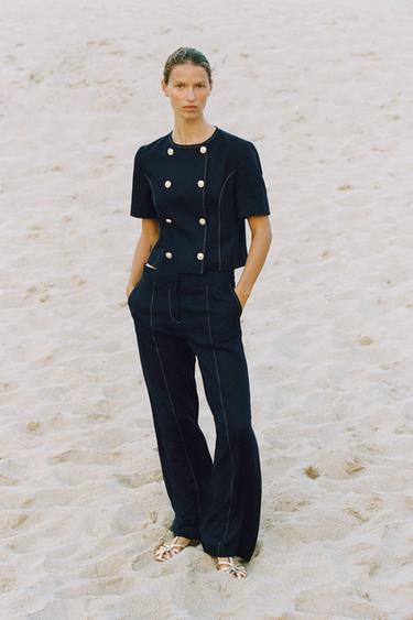 PANTALON DROIT SURPIQÛRES AVEC LIN - Bleu marine de Zara