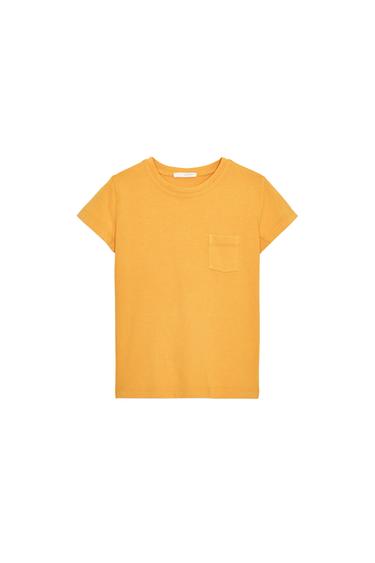 Front view of a yellow short-sleeved T-shirt with a round neck and patch pocket on the chest.