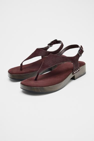 LEATHER STUDDED SANDALS - Burgundy Red by Zara - Image 3