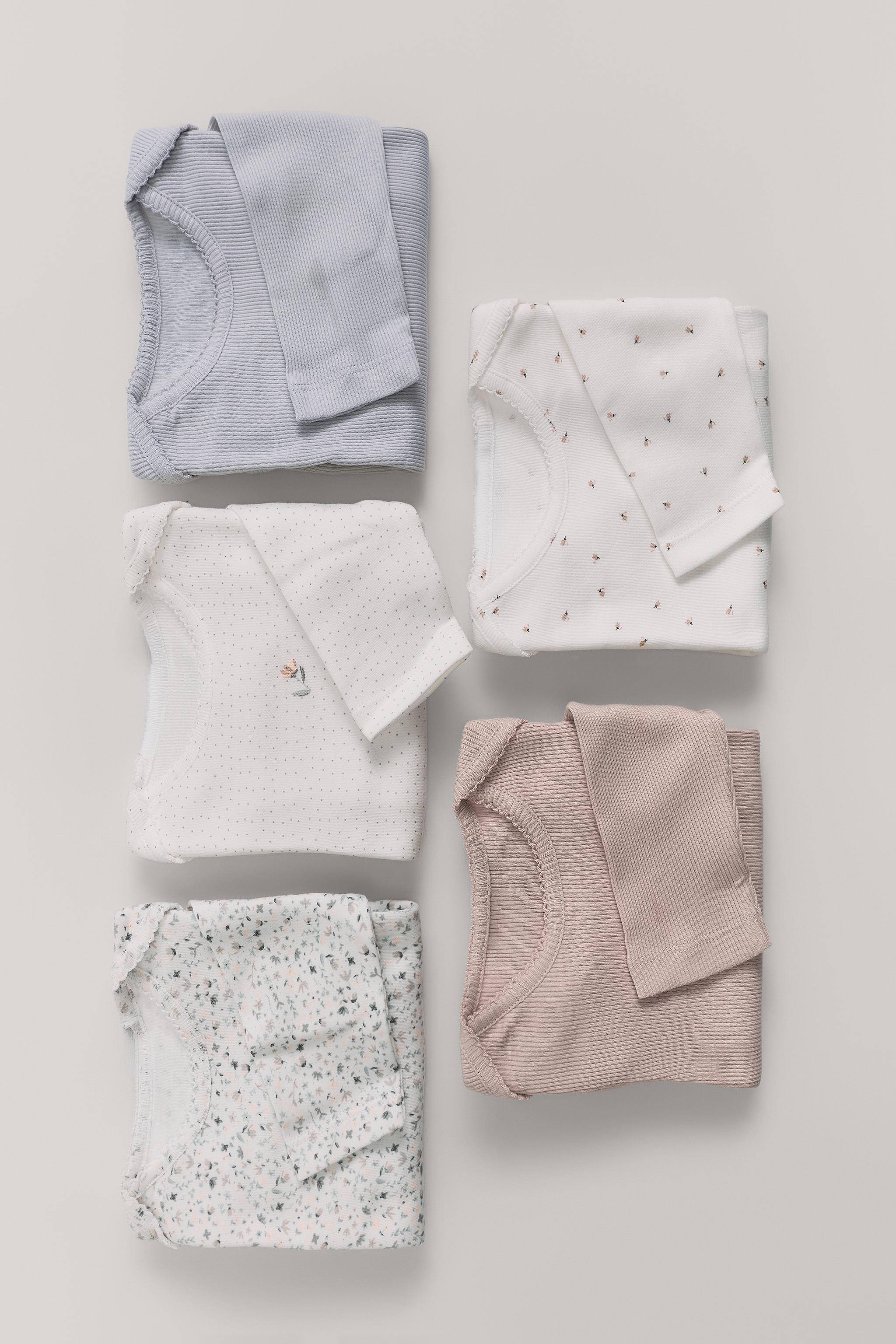 FIVE-PACK LONG SLEEVE FLORAL BODYSUTIS — Gray / Tan