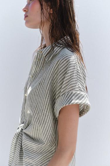 CHEMISE À RAYURES NŒUD AVEC LIN - Vert / Écru de Zara - Image 2