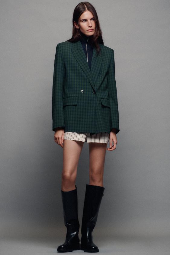 Zara CHECKED DOUBLE-BREASTED BLAZER - Green / Blue - Image 0
