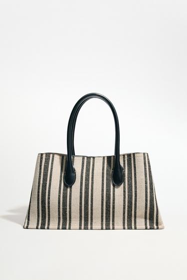 Zara STRIPED CANVAS SHOPPER BAG - Black