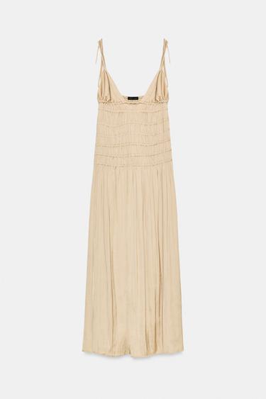 SATIN MIDI DRESS WITH GATHERING - Beige by Zara