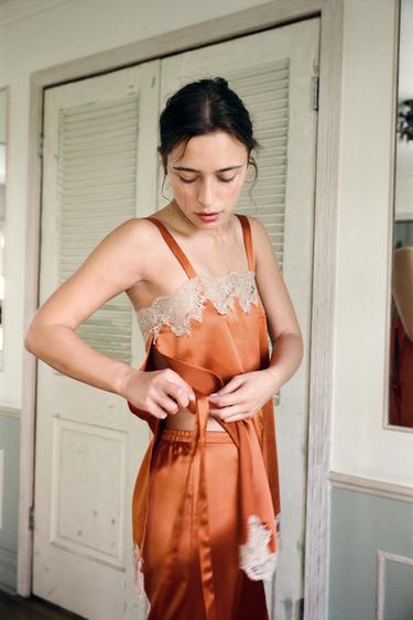 SATIN TOP WITH EMBROIDERY AND TIES - Orange by Zara - Image 4