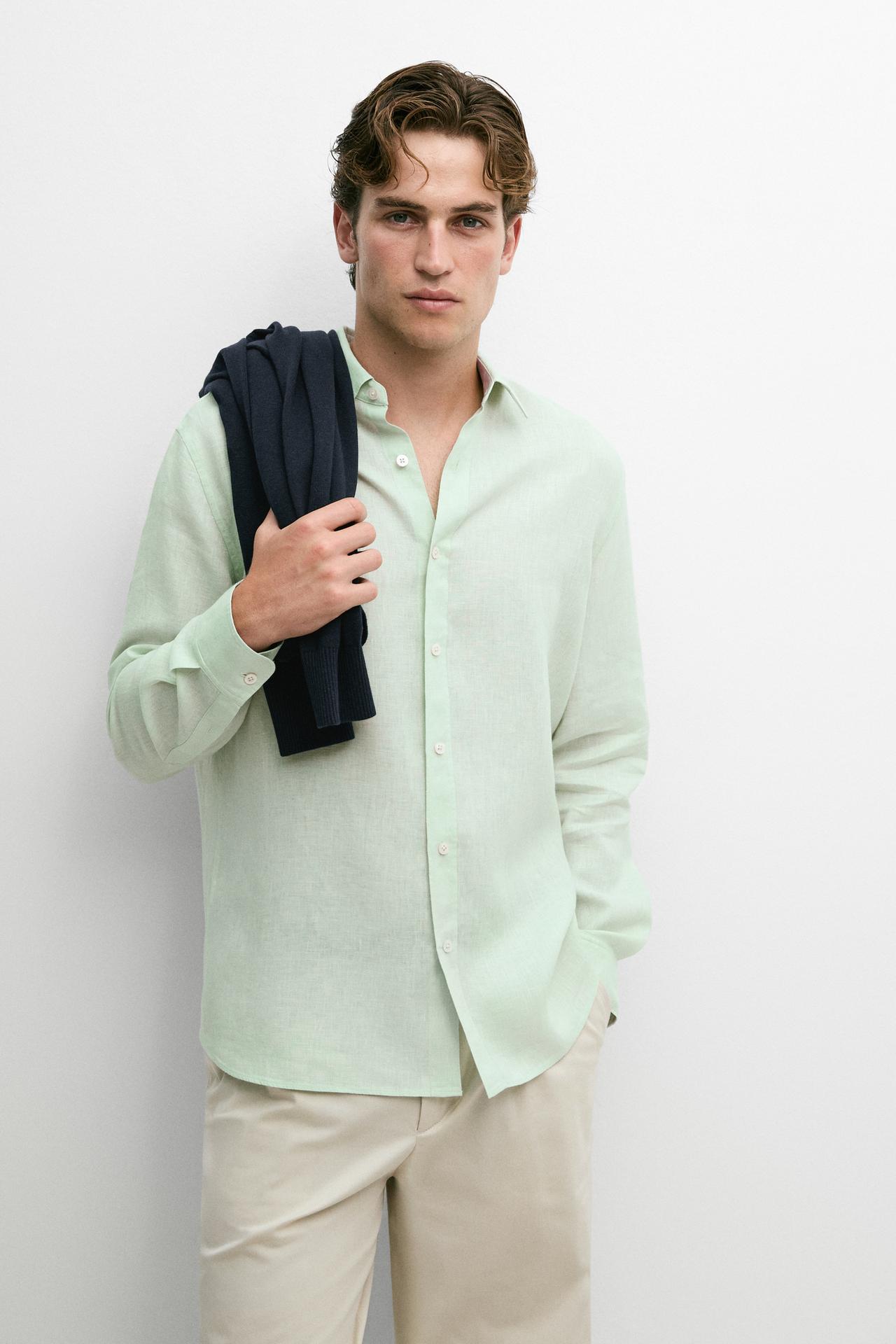 Slim fit 100% linen shirt — Moss green