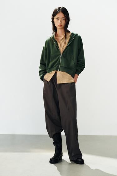 Zara SWEATER MAJICA S PATENTNIM ZATVARAČEM I ISPRANIM EFEKTOM – Zelena