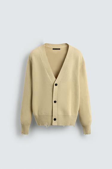 Zara DISTRESSED RIBBED CARDIGAN - Vanilla