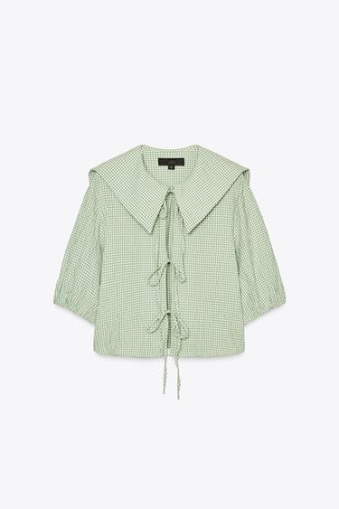 УКОРОЧЕННАЯ РУБАШКА В КЛЕТКУ ВИШИ — Зеленый / Цвет небеленого полотна от Zara