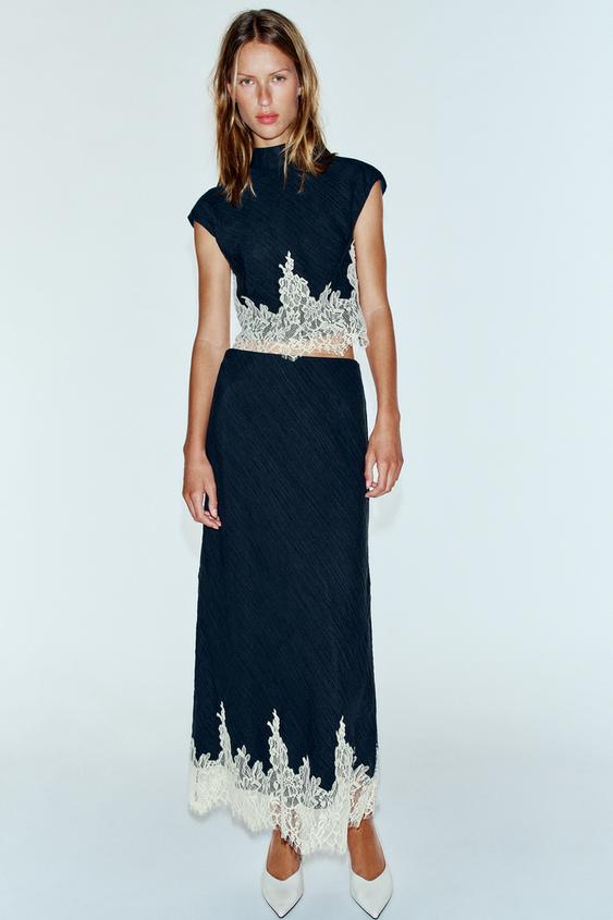 LACE-DETAIL MIDI SKIRT - Navy / White by Zara - Image 0